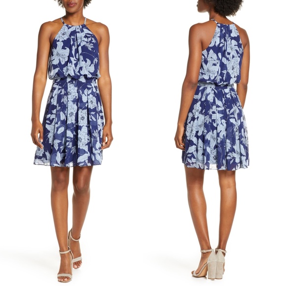 NEW ELIZA J Navy Blue FLORAL Print HALTER Chiffon PLEATED Mini DRESS 2